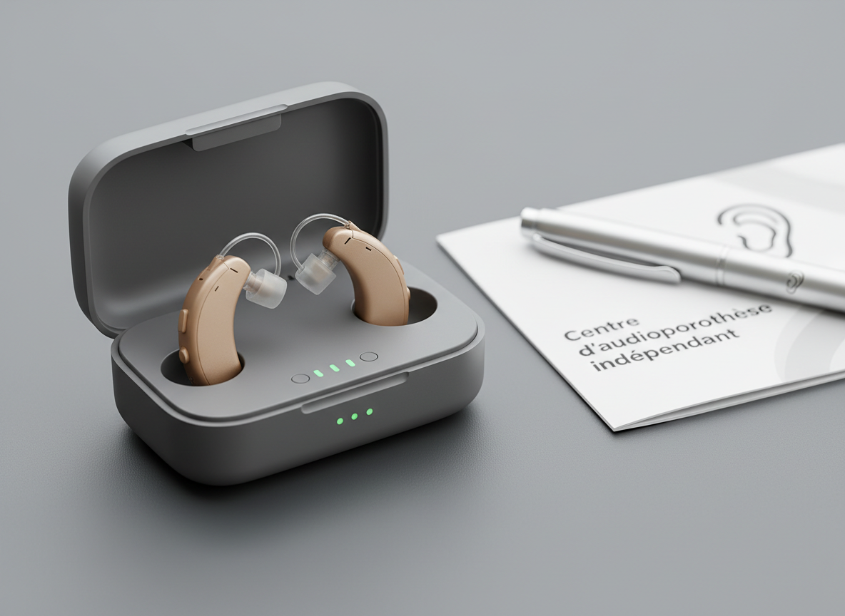 A pair of nearly invisible receiver-in-canal hearing aids in a warm, matte sand tone nestled in a compact, open charging case with tiny status LEDs glowing softly green. The case is placed on a minimalist, matte grey surface beside a folded brochure labeled "Centre d’audioprothèse indépendant" and a pen with a discreet clinic logo. Overcast daylight from the side gives a soft, shadowless illumination, highlighting the delicate contours and fine wires. Photographic realism with a clean, modern composition, shot close-up with shallow depth of field, conveying advanced technology, discretion, and everyday practicality for hearing support.