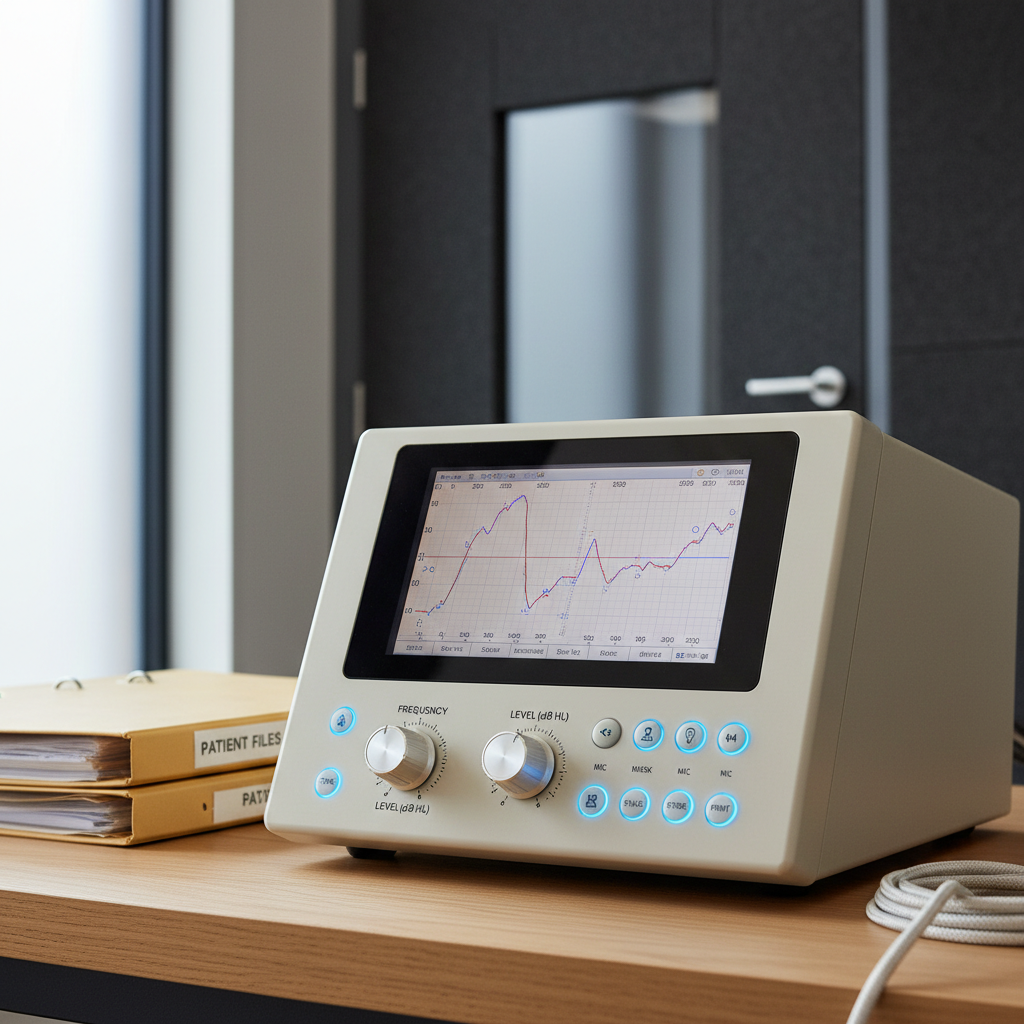 An elegant close-up of a digital audiometer with a high-resolution color screen displaying a detailed audiogram curve, carefully calibrated dials, and illuminated soft-touch buttons. The device sits on a light oak desk with organized folders and a neatly coiled cable leading to a soundproof booth door in the background. Diffused natural light from a frosted window bathes the scene, creating a soft, even glow and subtle reflections on the smooth plastic surfaces. Photographic realism, shot from a slightly elevated angle, with a professional, clinical, yet inviting mood that conveys technical expertise and meticulous hearing evaluation.