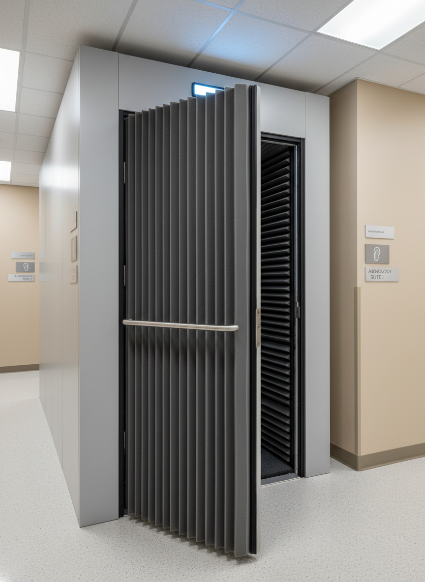 A soundproof audiometry booth door slightly ajar, revealing its thick, textured acoustic padding in neutral grey tones, robust handle, and triple-sealed frame. The booth stands within a calm, contemporary hearing center corridor with pale walls, discreet signage, and a softly glowing indicator light above the door. Cool, controlled artificial lighting from the ceiling panels creates even, shadow-free illumination, emphasizing the booth’s solid construction and technical reliability. Photographic realism, captured from a slightly low angle with strong vertical lines, instilling a sense of security, precision, and the seriousness of professional hearing assessments.