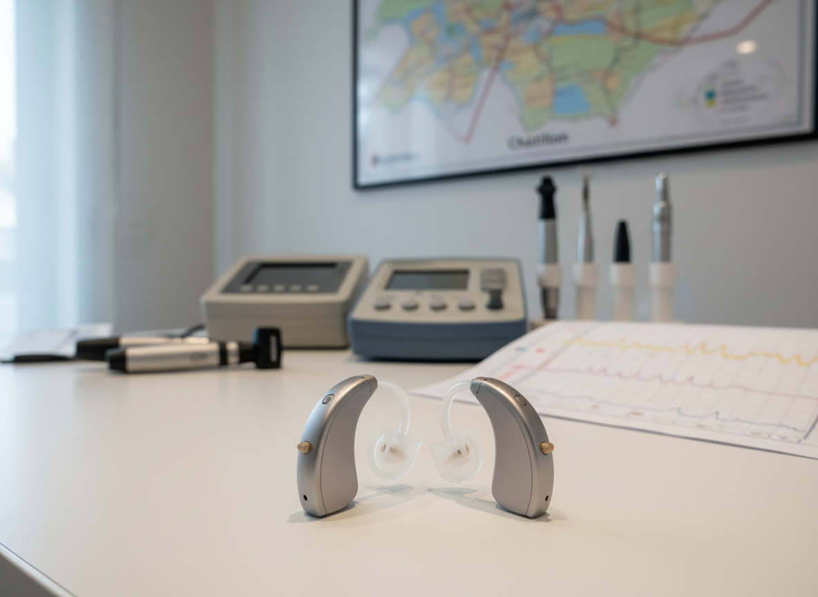 A pair of sleek, modern hearing aids in brushed silver and soft champagne beige resting on a pristine white consultation desk in an independent audiology center in Châtillon. Behind them, slightly out of focus, stand neatly arranged diagnostic instruments, an open audiogram chart, and a subtle wall map highlighting the Châtillon area. Soft daylight enters through a large unseen window, creating gentle reflections along the curved surfaces and casting delicate shadows. Photographic realism with a clean, professional aesthetic, shot at eye level with a shallow depth of field, emphasizing precision, trust, and personalized care in a calm, welcoming clinical environment.