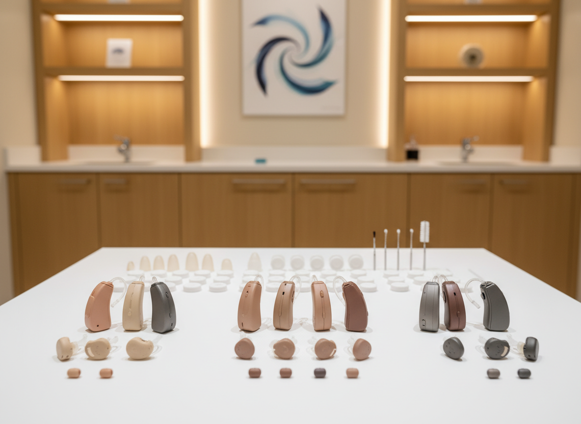 A meticulously organized display of different hearing aid models—behind-the-ear, in-the-ear, and completely-in-canal—arranged in a subtle gradient of skin and hair tones on a smooth, neutral display tray. Behind them, translucent acoustic domes, wax filters, and tiny cleaning brushes are lined up with clinical precision. The setting is a well-lit fitting room with light wood cabinetry and a softly blurred poster showing an abstract sound wave. Warm, balanced artificial ceiling lighting creates clear, professional illumination without harsh shadows. Photographic realism with a centered composition and medium depth of field, evoking choice, customization, and thorough professional guidance.